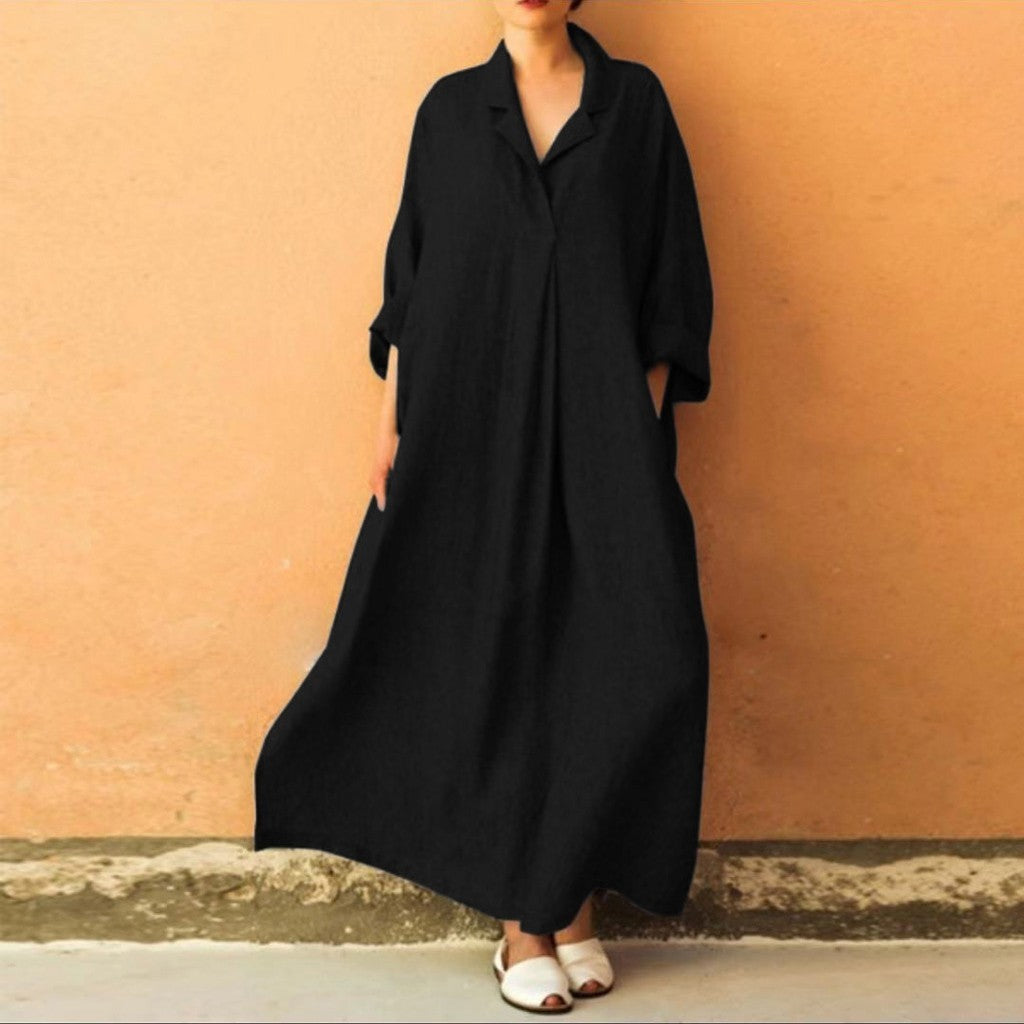 Women Dress Loose Casual Ankle Length Office Lady Dress Solid Lantern Sleeve Bohemian Loose Waist Women Dress