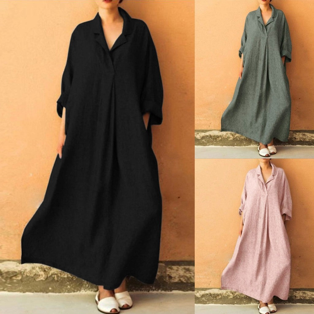 Women Dress Loose Casual Ankle Length Office Lady Dress Solid Lantern Sleeve Bohemian Loose Waist Women Dress