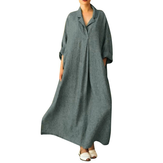 Women Dress Loose Casual Ankle Length Office Lady Dress Solid Lantern Sleeve Bohemian Loose Waist Women Dress