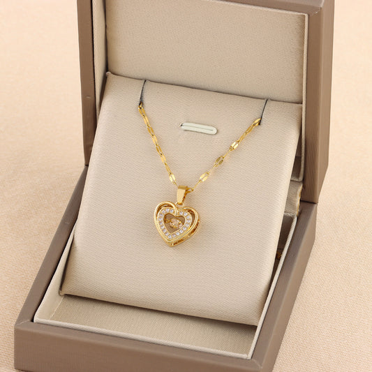 Double-layer Love Necklace With Rhinestones Titanium Steel Pendant Fashion Jewelry For Woman