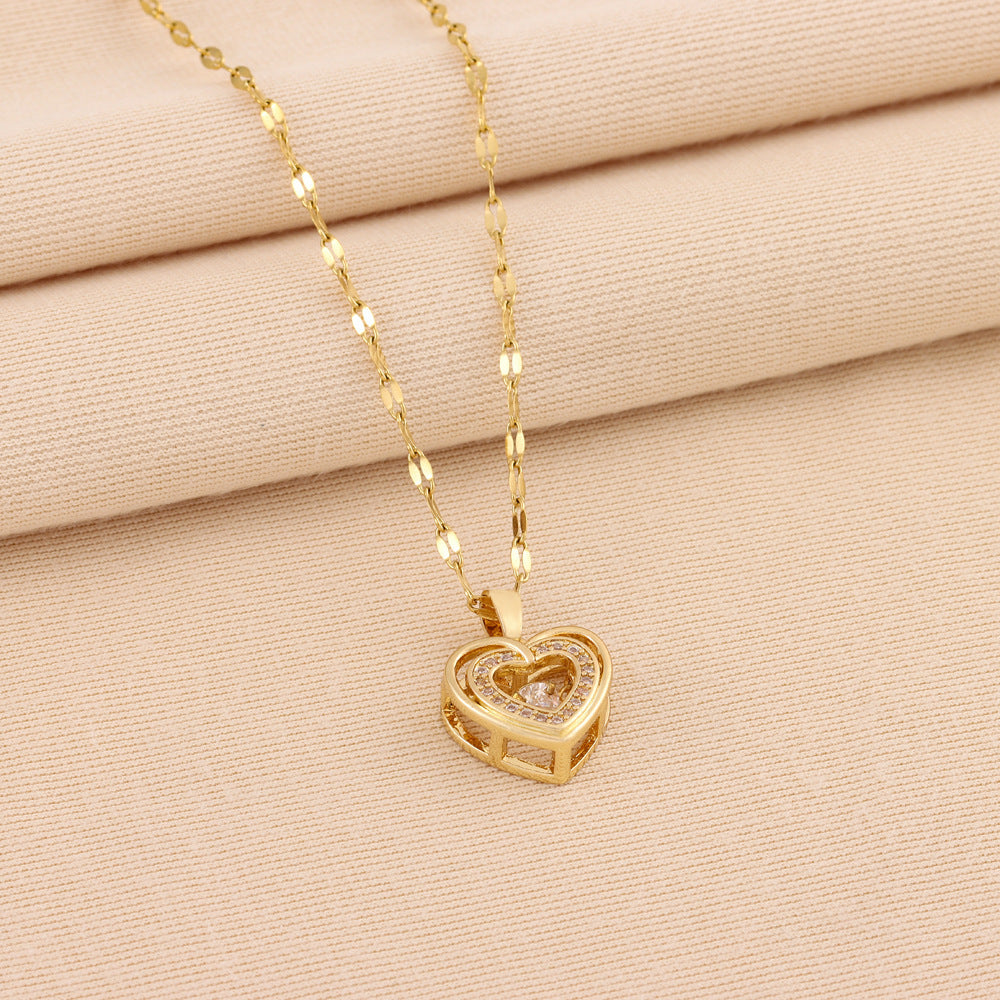 Double-layer Love Necklace With Rhinestones Titanium Steel Pendant Fashion Jewelry For Woman