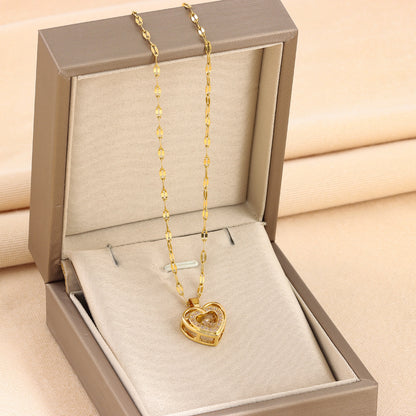 Double-layer Love Necklace With Rhinestones Titanium Steel Pendant Fashion Jewelry For Woman