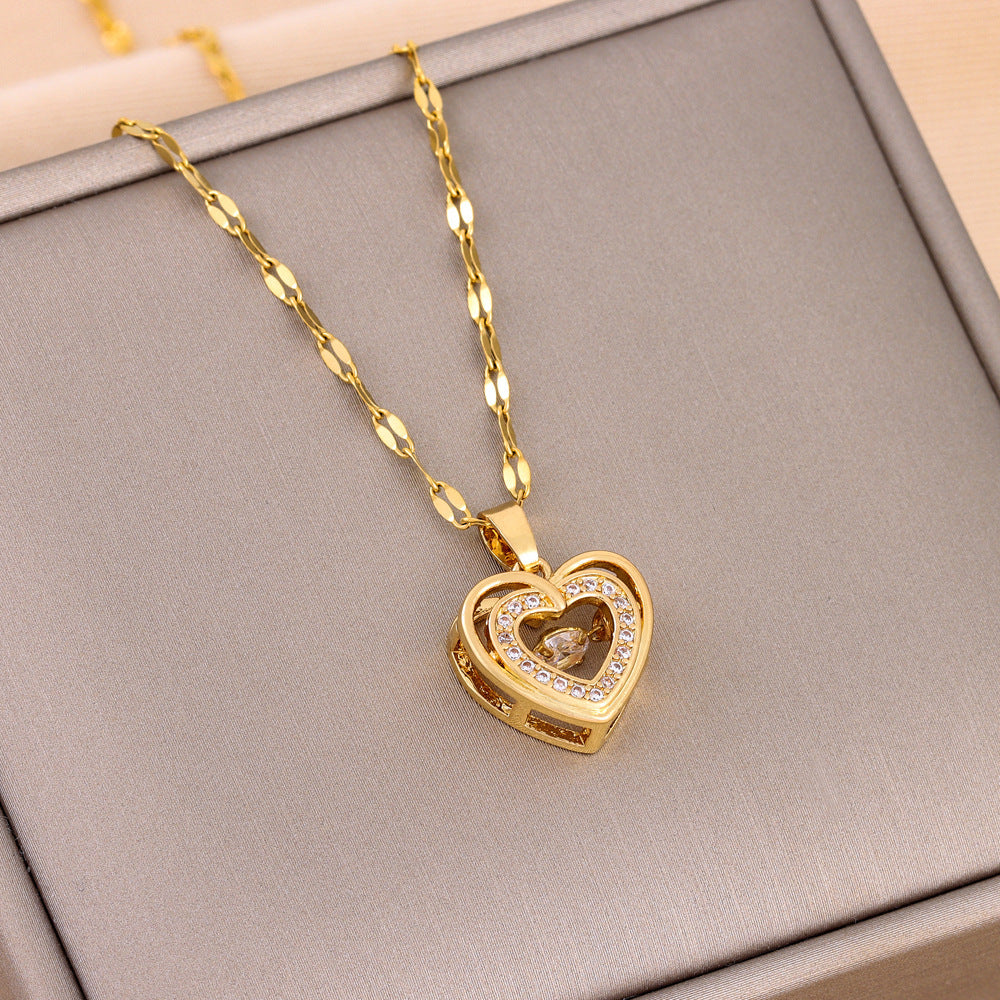 Double-layer Love Necklace With Rhinestones Titanium Steel Pendant Fashion Jewelry For Woman