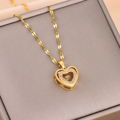 Double-layer Love Necklace With Rhinestones Titanium Steel Pendant Fashion Jewelry For Woman